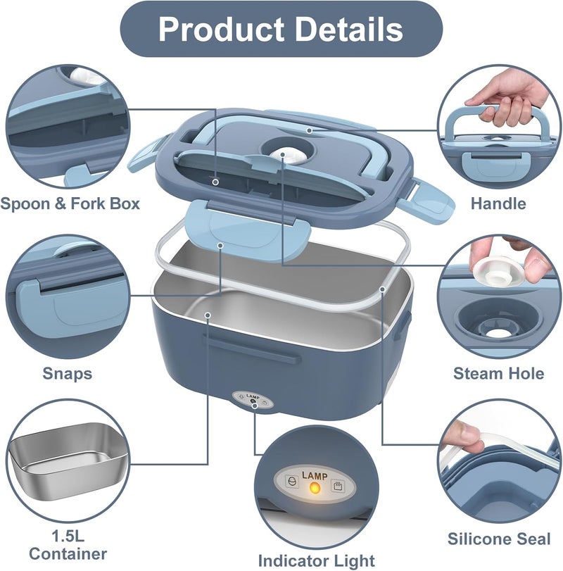 Vabaso Electric Lunch Box Food Heater, Electric Heating Lunch Boxes Lunch for Adults/Men/Truck/Car/Work, 80W 1.5L Removable 304 Stainless Steel Container, 110V/12V/24V, with Fork & Spoon - Image 4